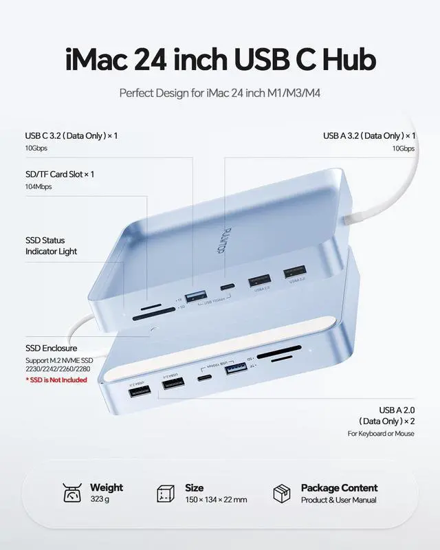 Alt view image 2 of 7 - USB C HUB for iMac 24 inch 2021/2023/2024, PULWTOP USB Hub Adapter iMac Accessories for iMacM1/M3/M4 with USB C 10Gbps 3*USB A SD/TF, Docking Station Support Expand M.2 SSD (Not Included),Blue