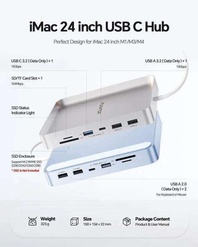 Alt view image 2 of 7 - USB C HUB for iMac 24 inch 2021/2023/2024, PULWTOP USB Hub Adapter iMac Accessories for iMacM1/M3/M4 with USB C 10Gbps 3*USB A SD/TF, Docking Station Support Expand M.2 SSD (Not Included),Silver