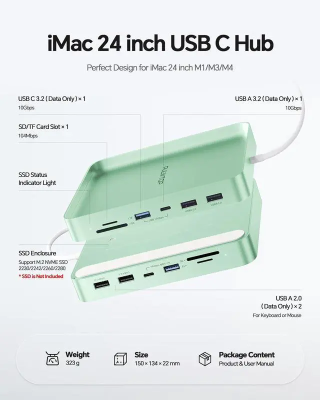 Alt view image 2 of 7 - USB C HUB for iMac 24 inch 2021/2023/2024, PULWTOP USB Hub Adapter iMac Accessories for iMacM1/M3/M4 with USB C 10Gbps 3*USB A SD/TF, Docking Station Support Expand M.2 SSD (Not Included),Green