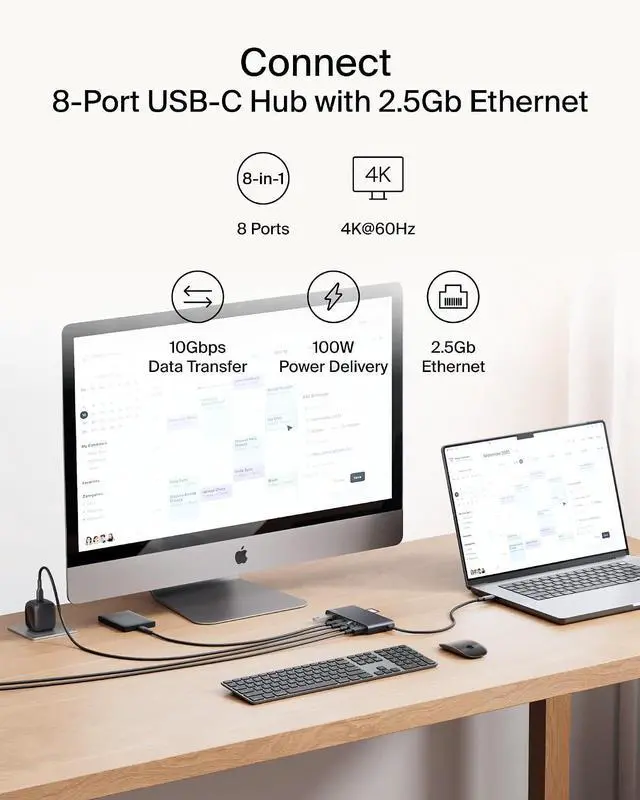 Alt view image 2 of 7 - Belkin USB-C 8-in-1 Multiport Hub, 2.5Gbps, Supports Display Resolution Up to 4K@60Hz, Supports Windows, MacOS, iPadOS, ChromeOS, Black, INC024fqBK