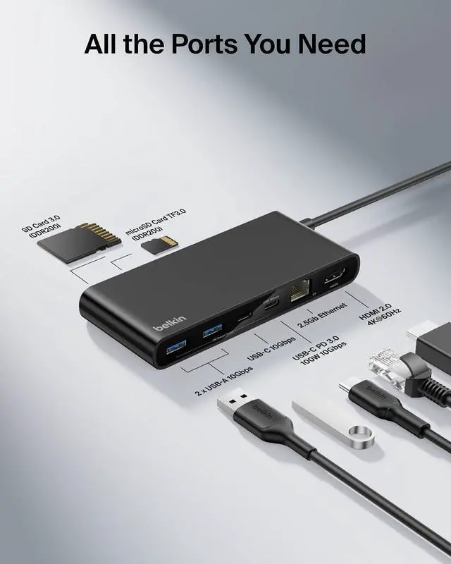 Alt view image 3 of 7 - Belkin USB-C 8-in-1 Multiport Hub, 2.5Gbps, Supports Display Resolution Up to 4K@60Hz, Supports Windows, MacOS, iPadOS, ChromeOS, Black, INC024fqBK