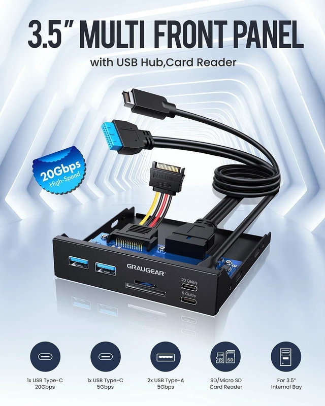 Alt view image 2 of 7 - GRAUGEAR 3.5" PC Front Panel USB Hub - USB-C and USB 3.0 Ports, SD/microSD Card Reader, 3.5 inch Drive Bay Expansion for Desktop, Requires 19-Pin USB3.0 & 20-Pin Type-C Key A Header