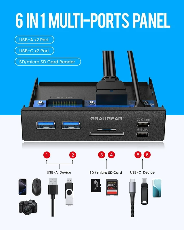 Alt view image 3 of 7 - GRAUGEAR 3.5" PC Front Panel USB Hub - USB-C and USB 3.0 Ports, SD/microSD Card Reader, 3.5 inch Drive Bay Expansion for Desktop, Requires 19-Pin USB3.0 & 20-Pin Type-C Key A Header