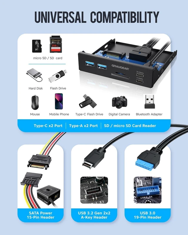 Alt view image 6 of 7 - GRAUGEAR 3.5" PC Front Panel USB Hub - USB-C and USB 3.0 Ports, SD/microSD Card Reader, 3.5 inch Drive Bay Expansion for Desktop, Requires 19-Pin USB3.0 & 20-Pin Type-C Key A Header