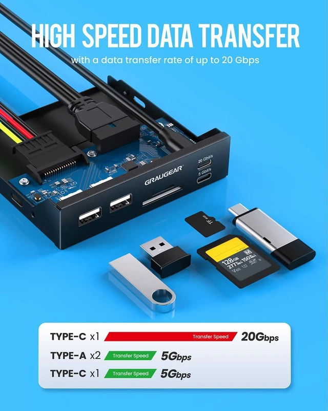 Alt view image 5 of 7 - GRAUGEAR 3.5" PC Front Panel USB Hub - USB-C and USB 3.0 Ports, SD/microSD Card Reader, 3.5 inch Drive Bay Expansion for Desktop, Requires 19-Pin USB3.0 & 20-Pin Type-C Key A Header