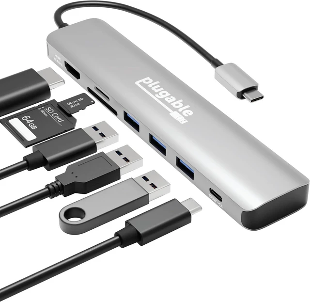 Main image of Plugable USB-C Hub 7-in-1, Driverless USB C Hub Compatible with Mac, Windows, Chromebook, USB4, Thunderbolt 4, and More (4K HDMI, 3 USB 3.0, SD & microSD Card Reader, 100W Charging)