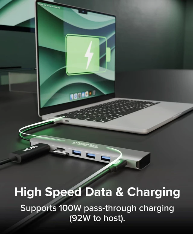 Alt view image 3 of 7 - Plugable USB-C Hub 7-in-1, Driverless USB C Hub Compatible with Mac, Windows, Chromebook, USB4, Thunderbolt 4, and More (4K HDMI, 3 USB 3.0, SD & microSD Card Reader, 100W Charging)