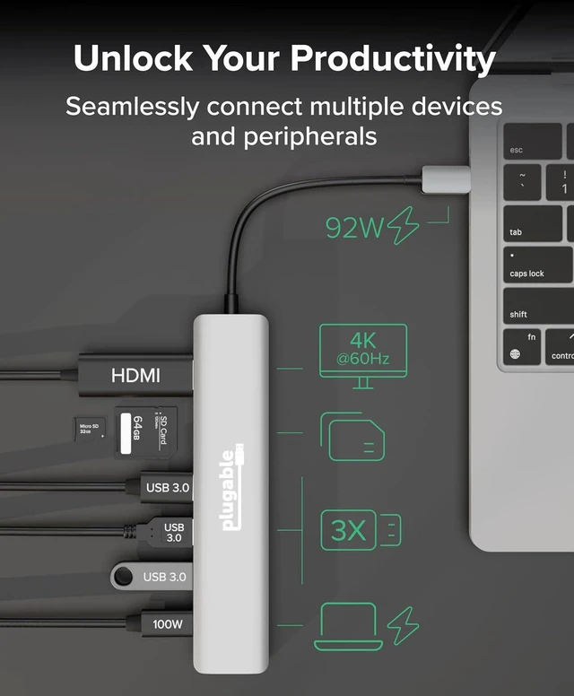 Alt view image 4 of 7 - Plugable USB-C Hub 7-in-1, Driverless USB C Hub Compatible with Mac, Windows, Chromebook, USB4, Thunderbolt 4, and More (4K HDMI, 3 USB 3.0, SD & microSD Card Reader, 100W Charging)