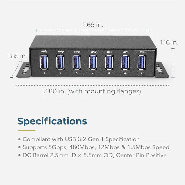Alt view image 5 of 6 - Coolgear 3.2 Gen 1 USB Hub - 7 Port USB Hub with 5Gbps Data Transfers, Mountable Metal Housing, 5V Power Adapter, ESD Surge Protection, Bus or Self Powered