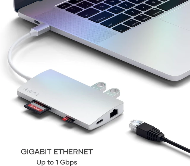 Alt view image 3 of 6 - Satechi 8 in 1 USB C Hub Multiport Adapter V2, 4K HDMI, 115W USB C PD Charging, 3 USB-A, Ethernet, Micro/SD Card Readers, for Laptop, MacBook Air/Pro/Neo, iPad Air/Pro, Windows - Silver