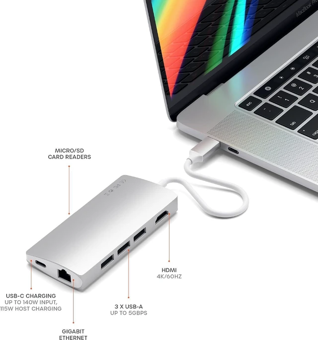 Alt view image 5 of 6 - Satechi 8 in 1 USB C Hub Multiport Adapter V2, 4K HDMI, 115W USB C PD Charging, 3 USB-A, Ethernet, Micro/SD Card Readers, for Laptop, MacBook Air/Pro/Neo, iPad Air/Pro, Windows - Silver
