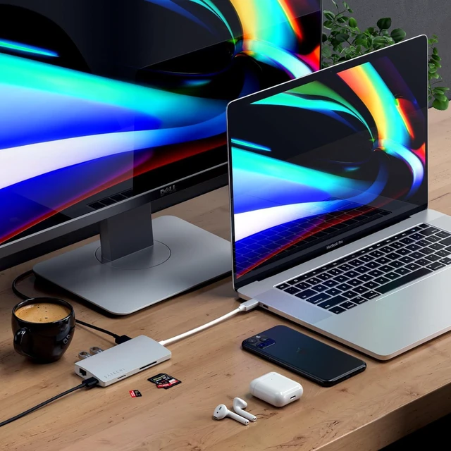 Alt view image 6 of 6 - Satechi 8 in 1 USB C Hub Multiport Adapter V2, 4K HDMI, 115W USB C PD Charging, 3 USB-A, Ethernet, Micro/SD Card Readers, for Laptop, MacBook Air/Pro/Neo, iPad Air/Pro, Windows - Silver
