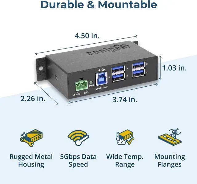 Alt view image 3 of 7 - Coolgear 4 Port USB 3.2 Gen 1 Powered Hub w/ESD Surge Protection