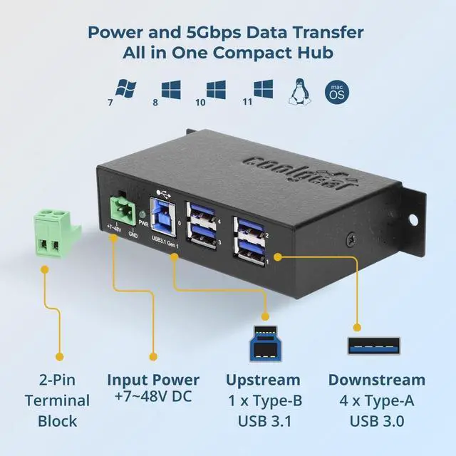 Alt view image 5 of 7 - Coolgear 4 Port USB 3.2 Gen 1 Powered Hub w/ESD Surge Protection