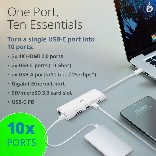 Alt view image 2 of 7 - D-Link 10-in-1 USB-C Hub, Max 100W Power Delivery, Dual 4K HDMI Ports, 2 x USB-C & 2 x USB-A Data Ports, Ethernet and SD Card Slots for Dell Laptop, ThinkPad, and More (DUP-A01)