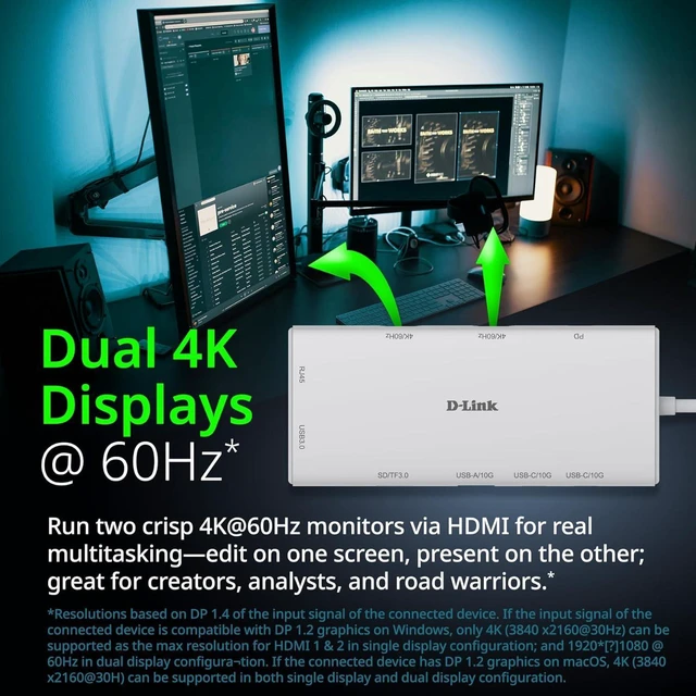 Alt view image 3 of 7 - D-Link 10-in-1 USB-C Hub, Max 100W Power Delivery, Dual 4K HDMI Ports, 2 x USB-C & 2 x USB-A Data Ports, Ethernet and SD Card Slots for Dell Laptop, ThinkPad, and More (DUP-A01)