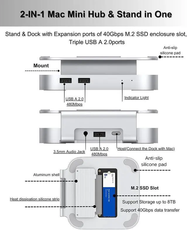 Alt view image 2 of 7 - 40Gbps Aluminium Mac Mini Dock and Stand, USB 4 Hub for Mac mini M4 and M4 Pro 2024 with 40Gbps M.2 NVMe SSD Enclosure, Triple USB A 2.0, 3.5mm Audio Jack Accesories
