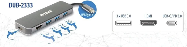 Alt view image 4 of 4 - D-Link DUB-2333 5-in-1 USB-C Hub with Power Delivery (PD 60W), 4K HDMI, 3 USB 3.0 Ports for PC, MacBook Pro, MacBook Air, iPad Pro, Chromebook, Surface Pro and More