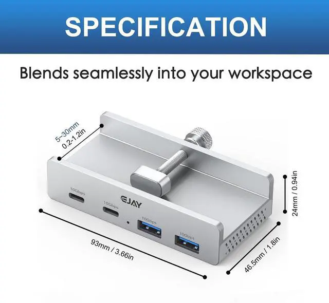 Alt view image 5 of 7 - Clamp USB Hub 4-Port (2A2C) 10Gbps Hub for iMac & PC