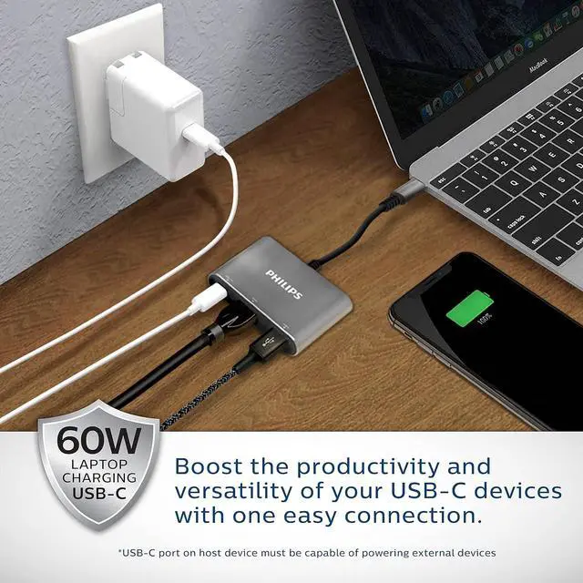 Alt view image 4 of 6 - Philips USB C Hub to Multiport Adapter, 3 in 1 Power Pass Through, HDMI 4k@30Hz, 60W USB C Charging Port, 5Gbps USB 3.0 Port for MacBook Pro, MacBook Air, UCB C Laptop Docking Station, DLK9220C/27
