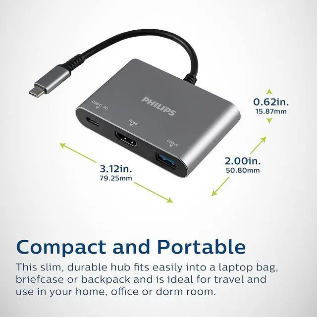 Alt view image 5 of 6 - Philips USB C Hub to Multiport Adapter, 3 in 1 Power Pass Through, HDMI 4k@30Hz, 60W USB C Charging Port, 5Gbps USB 3.0 Port for MacBook Pro, MacBook Air, UCB C Laptop Docking Station, DLK9220C/27