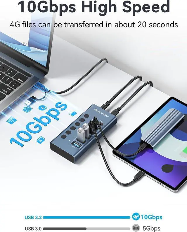 Alt view image 3 of 7 - Powered USB 3.2 Hub, ACASIS 6 Ports USB 3.2 Hub(3 USB-A 3.2 Ports + 3 USB-C 3.2 Ports), Aluminum USB Hub Powered with 48W Power Adapter, USB Hub for PC/Laptop, Computer, Flash Drive, Printer, Camera
