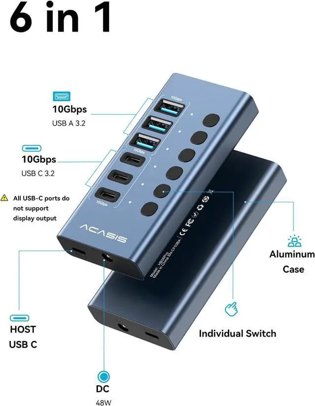 Alt view image 2 of 7 - Powered USB 3.2 Hub, ACASIS 6 Ports USB 3.2 Hub(3 USB-A 3.2 Ports + 3 USB-C 3.2 Ports), Aluminum USB Hub Powered with 48W Power Adapter, USB Hub for PC/Laptop, Computer, Flash Drive, Printer, Camera