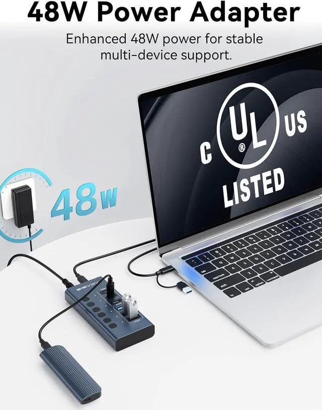 Alt view image 4 of 7 - Powered USB 3.2 Hub, ACASIS 6 Ports USB 3.2 Hub(3 USB-A 3.2 Ports + 3 USB-C 3.2 Ports), Aluminum USB Hub Powered with 48W Power Adapter, USB Hub for PC/Laptop, Computer, Flash Drive, Printer, Camera