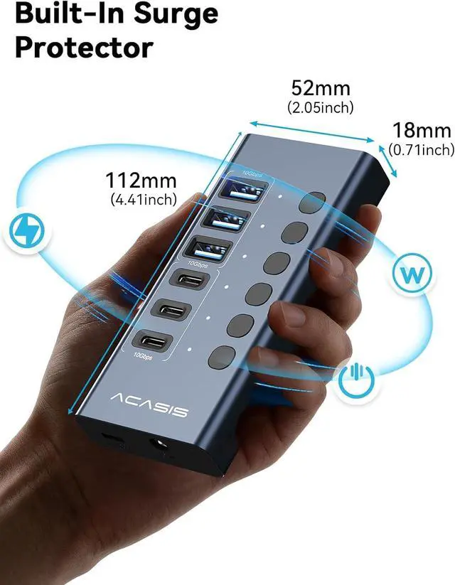 Alt view image 5 of 7 - Powered USB 3.2 Hub, ACASIS 6 Ports USB 3.2 Hub(3 USB-A 3.2 Ports + 3 USB-C 3.2 Ports), Aluminum USB Hub Powered with 48W Power Adapter, USB Hub for PC/Laptop, Computer, Flash Drive, Printer, Camera