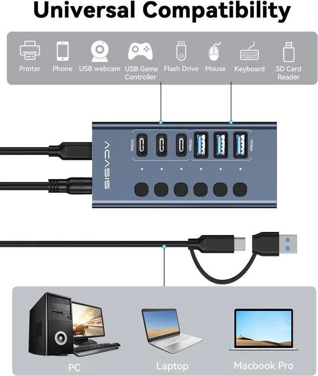 Alt view image 6 of 7 - Powered USB 3.2 Hub, ACASIS 6 Ports USB 3.2 Hub(3 USB-A 3.2 Ports + 3 USB-C 3.2 Ports), Aluminum USB Hub Powered with 48W Power Adapter, USB Hub for PC/Laptop, Computer, Flash Drive, Printer, Camera