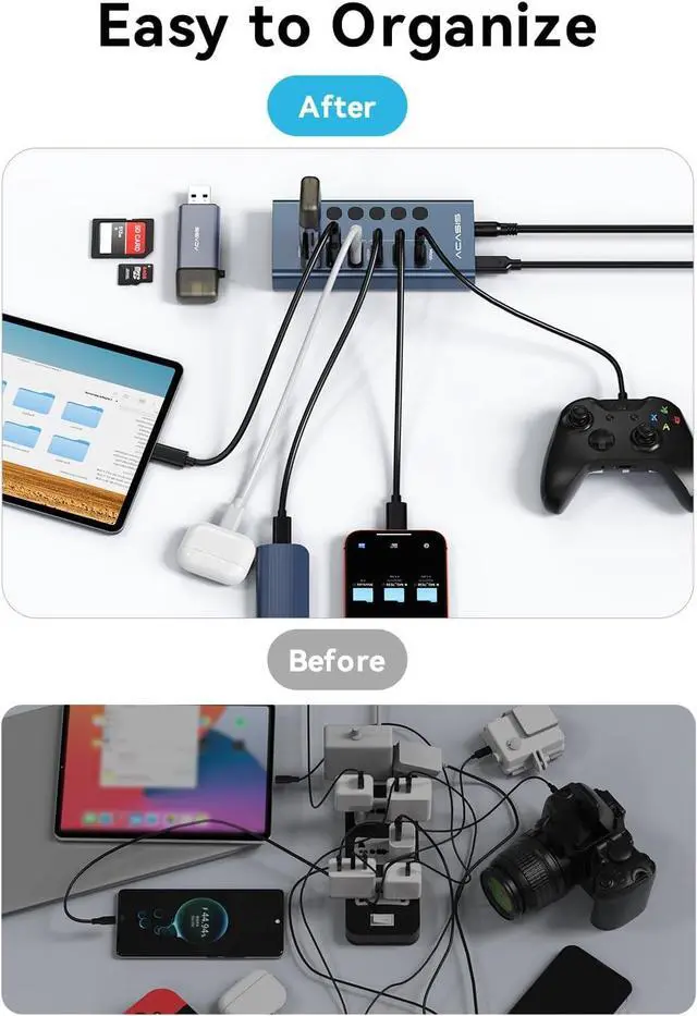 Alt view image 7 of 7 - Powered USB 3.2 Hub, ACASIS 6 Ports USB 3.2 Hub(3 USB-A 3.2 Ports + 3 USB-C 3.2 Ports), Aluminum USB Hub Powered with 48W Power Adapter, USB Hub for PC/Laptop, Computer, Flash Drive, Printer, Camera