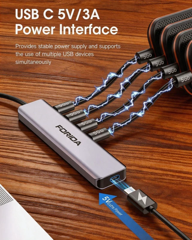 Alt view image 2 of 7 - FORIDA 7-in-1 USB Hub, Aluminum Multi-Port USB 3.0 Hub with 3.9FT Long Cable, 4 USB-C 3.0(5Gbps), 2 USB-A 2.0 Ports & 1 Type-C 5V Power Port, USB Extender for Desktop Computer PC Laptop