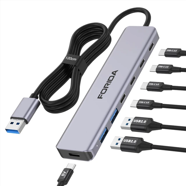 Main image of FORIDA 7-in-1 USB Hub, Aluminum Multi-Port USB 3.0 Hub with 3.9FT Long Cable, 4 USB-C 3.0(5Gbps), 2 USB-A 2.0 Ports & 1 Type-C 5V Power Port, USB Extender for Desktop Computer PC Laptop