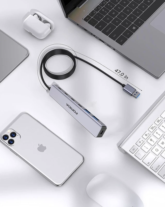 Alt view image 7 of 7 - FORIDA 7-in-1 USB Hub, Aluminum Multi-Port USB 3.0 Hub with 3.9FT Long Cable, 4 USB-C 3.0(5Gbps), 2 USB-A 2.0 Ports & 1 Type-C 5V Power Port, USB Extender for Desktop Computer PC Laptop