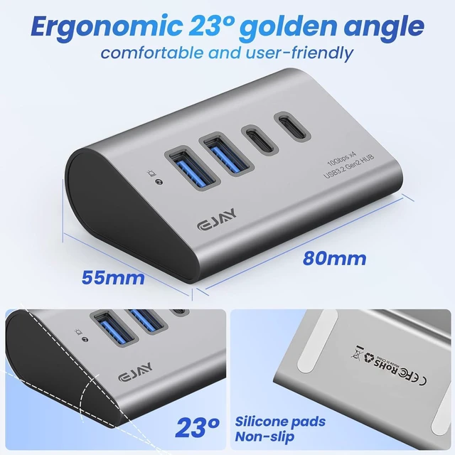 Alt view image 3 of 5 - EJAY 10Gbps USB 3.2 Hub, 4-Port USB C/A Splitter for SSD,Laptop,PC,Mac | Aluminum,23° Ergonomic,Extra Power Supply Port,Stable Data Transmission,Dual Cable