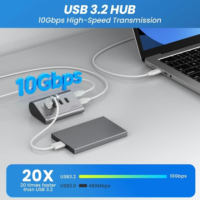 Alt view image 2 of 5 - EJAY 10Gbps USB 3.2 Hub, 4-Port USB C/A Splitter for SSD,Laptop,PC,Mac | Aluminum,23° Ergonomic,Extra Power Supply Port,Stable Data Transmission,Dual Cable