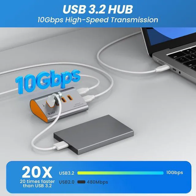 Alt view image 2 of 5 - EJAY 4-Port 10Gbps USB 3.2 Hub with Ergonomic 23° Angle Design, Aluminum USB Adapter with Type-C Power Port, Dual Cable USB Splitter for MacBook, Laptop, Desktop, PC, Orange