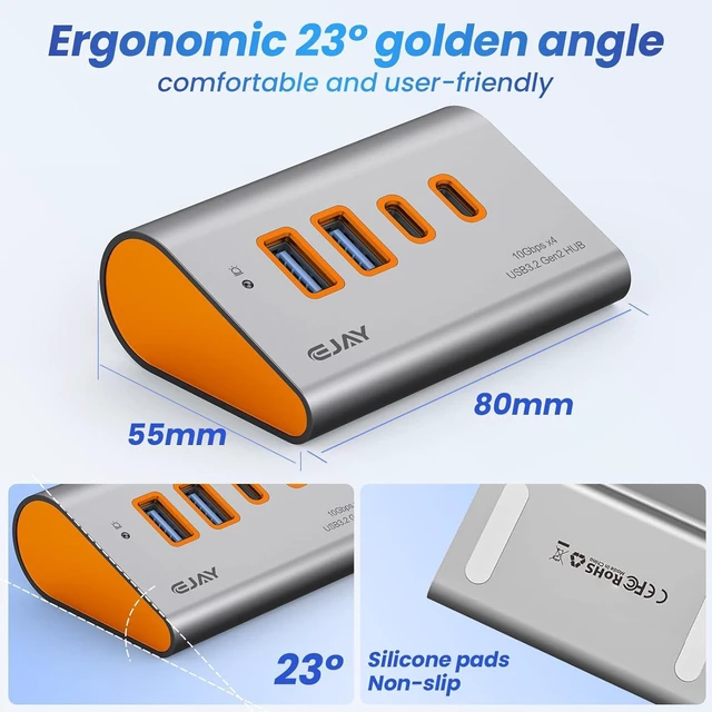 Alt view image 3 of 5 - EJAY 4-Port 10Gbps USB 3.2 Hub with Ergonomic 23° Angle Design, Aluminum USB Adapter with Type-C Power Port, Dual Cable USB Splitter for MacBook, Laptop, Desktop, PC, Orange