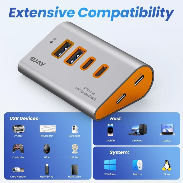 Alt view image 5 of 5 - EJAY 4-Port 10Gbps USB 3.2 Hub with Ergonomic 23° Angle Design, Aluminum USB Adapter with Type-C Power Port, Dual Cable USB Splitter for MacBook, Laptop, Desktop, PC, Orange