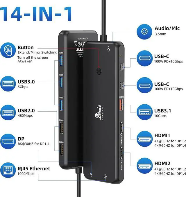 Alt view image 2 of 7 - LIONWEI USB C Docking Station Dual Monitor 13 in 1 USB Hub, Triple Display, 8 USB C/A Ports, Ethernet, Audio, Laptop Dock for MacBook,Dell,HP,Lenovo,Surface