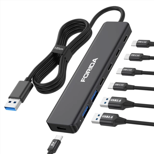 Main image of FORIDA 7-Port USB Hub, Aluminum Multi-Port USB 3.0 Hub with 3.9FT Long Cable, 4 USB-C 3.0(5Gbps), 2 USB-A 2.0 Ports & 1 Type-C 5V Power Port, USB Extender for Desktop Computer PC Laptop