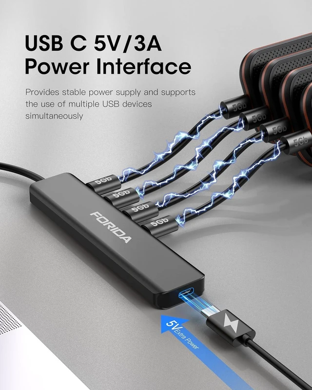 Alt view image 3 of 7 - FORIDA 7-Port USB Hub, Aluminum Multi-Port USB 3.0 Hub with 3.9FT Long Cable, 4 USB-C 3.0(5Gbps), 2 USB-A 2.0 Ports & 1 Type-C 5V Power Port, USB Extender for Desktop Computer PC Laptop