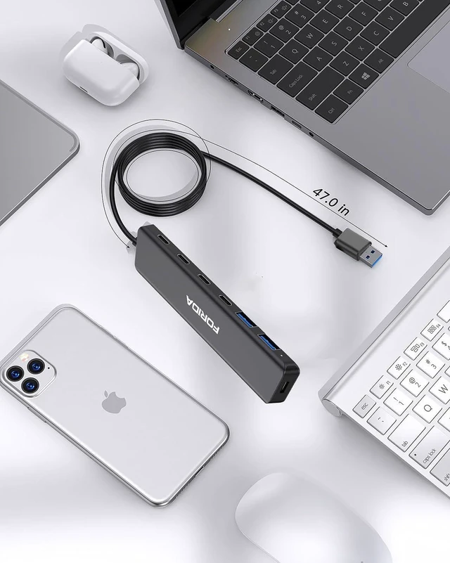 Alt view image 6 of 7 - FORIDA 7-Port USB Hub, Aluminum Multi-Port USB 3.0 Hub with 3.9FT Long Cable, 4 USB-C 3.0(5Gbps), 2 USB-A 2.0 Ports & 1 Type-C 5V Power Port, USB Extender for Desktop Computer PC Laptop