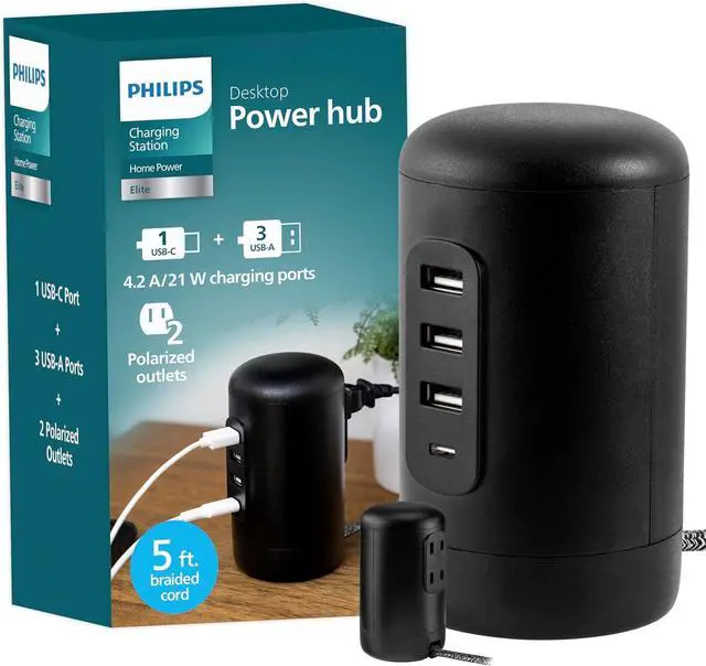 Main image of Philips Desktop Power Hub, 2 outlets, 3 USB-A, 1 USB-C, 5ft. Cord, Black