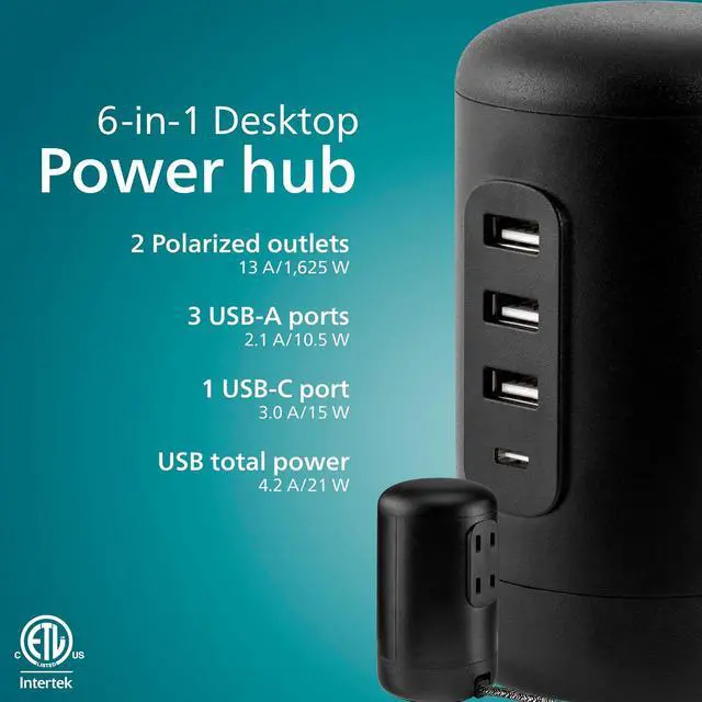 Alt view image 2 of 6 - Philips Desktop Power Hub, 2 outlets, 3 USB-A, 1 USB-C, 5ft. Cord, Black