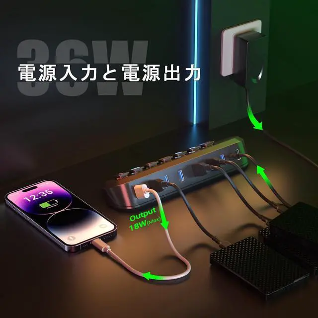 Alt view image 5 of 7 - USB 3.0 Hub, atolla USB Hub with Power Supply, 5Gbps High Speed Transmission, 6 x USB 3.0 Ports + 18W Rapid Charging Port, USB HUB with Independent Icon Switch for Easy Cable Identification, USB Hub