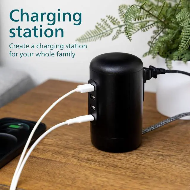 Alt view image 5 of 6 - Philips Desktop Power Hub, 2 outlets, 3 USB-A, 1 USB-C, 5ft. Cord, Black