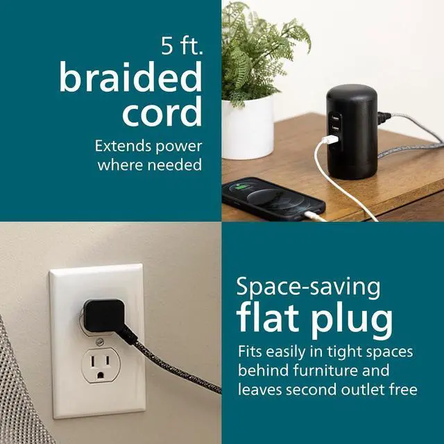 Alt view image 6 of 6 - Philips Desktop Power Hub, 2 outlets, 3 USB-A, 1 USB-C, 5ft. Cord, Black