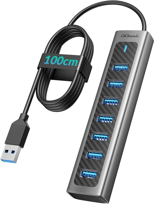 Main image of GiGimundo Aluminum Alloy 7 Port USB Hub 3.0 USB Port Hub 1M Cable Lightweight Extra 5V/3A Power Supply Port Extension Hub High Speed 5Gbps Data Transmission USB 3.0 Hub Long Cable for PC, Laptop,