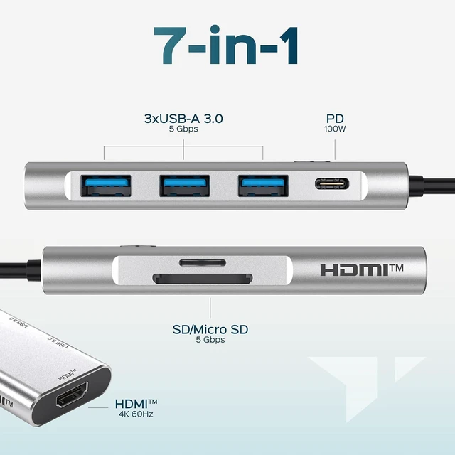 Alt view image 2 of 7 - Turonic BYL-2425 USB hub USB-C 7-in-1 with 100W PD, HDMI 4K@60Hz